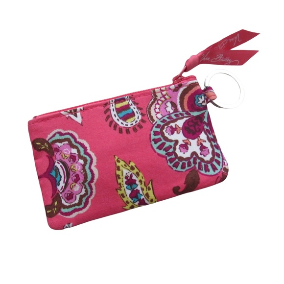 Vera Bradley Pink Call Me Coral ID Card Holder Coin Pouch Zip Key Ring Retired - Picture 3 of 7